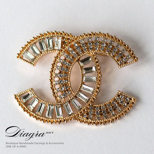 Goldtone crystal chanel brooch handmade Diagra art 211030 front