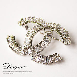 CC Brooch faux pearl silvertone handmade diagra art 13115