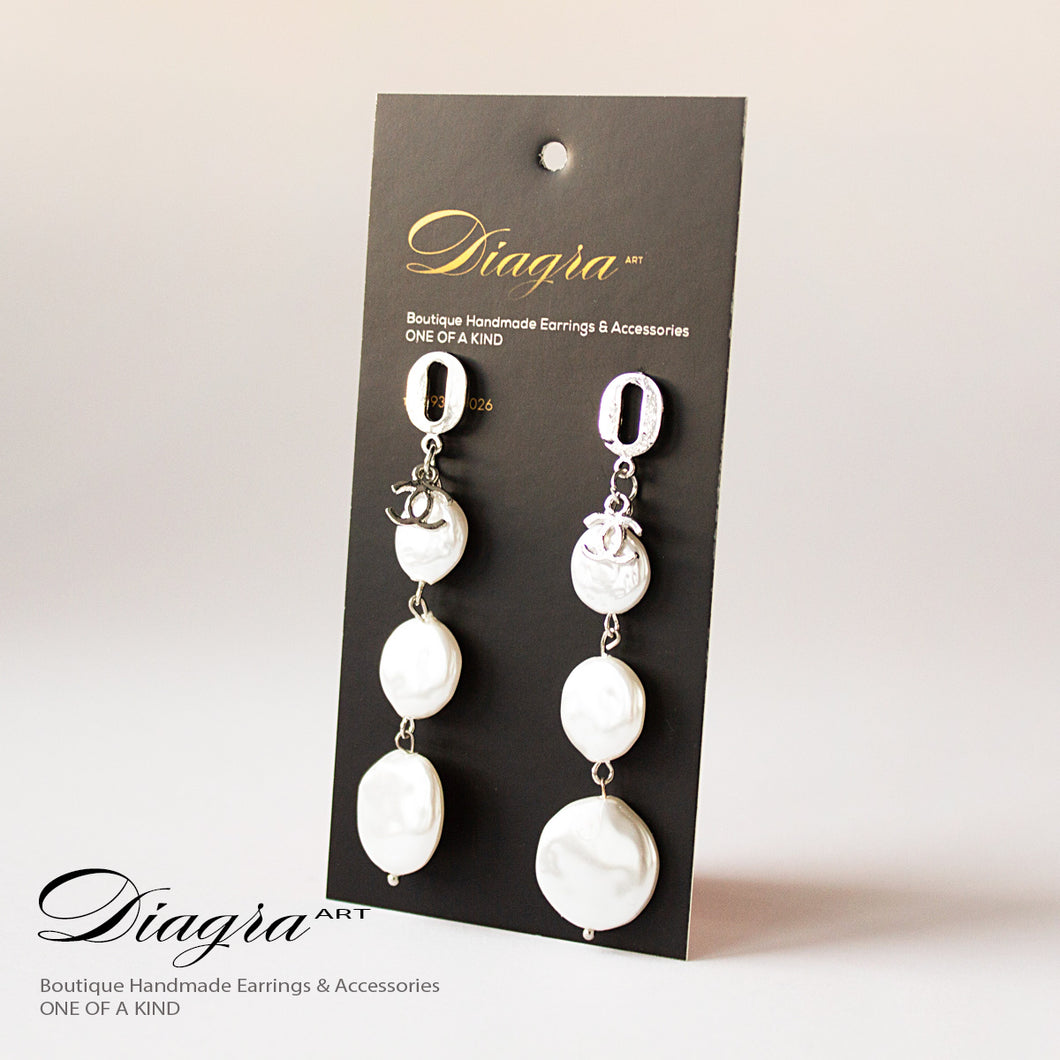 Chanel earrings silvertone faux pearl handmade designer inspired 161210