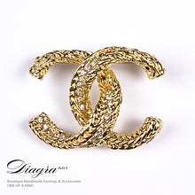 Load image into Gallery viewer, chanel-brooch-gold-crystal-designer-inspired-handmade-front