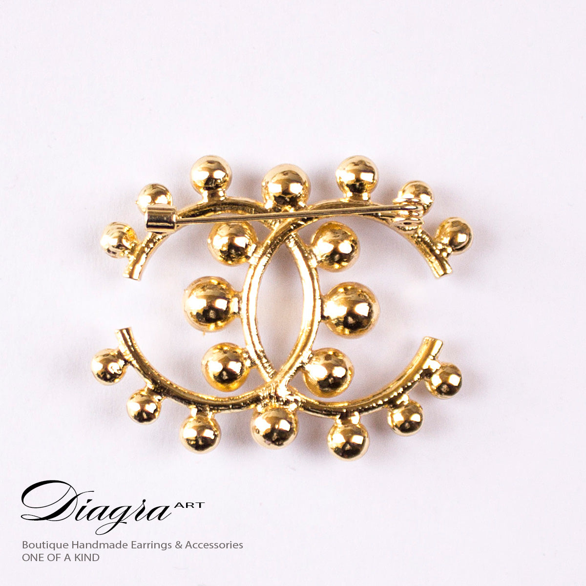 cc brooch goldtone faux pearl and crystal handmade Diagra art 200231
