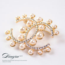 Load image into Gallery viewer, chanel-brooch-goldtone-faux-pearl-crystal-diagra-art-200231-front