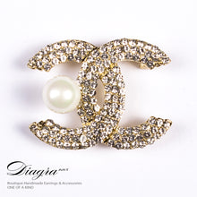 Load image into Gallery viewer, chanel-brooch-pearl-crystal-handmade-designer-inspired-diagra-art-front