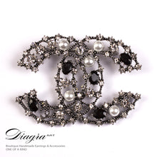 Load image into Gallery viewer, chanel-brooch-silver-pearl-crystal-designer-inspired-61954-front