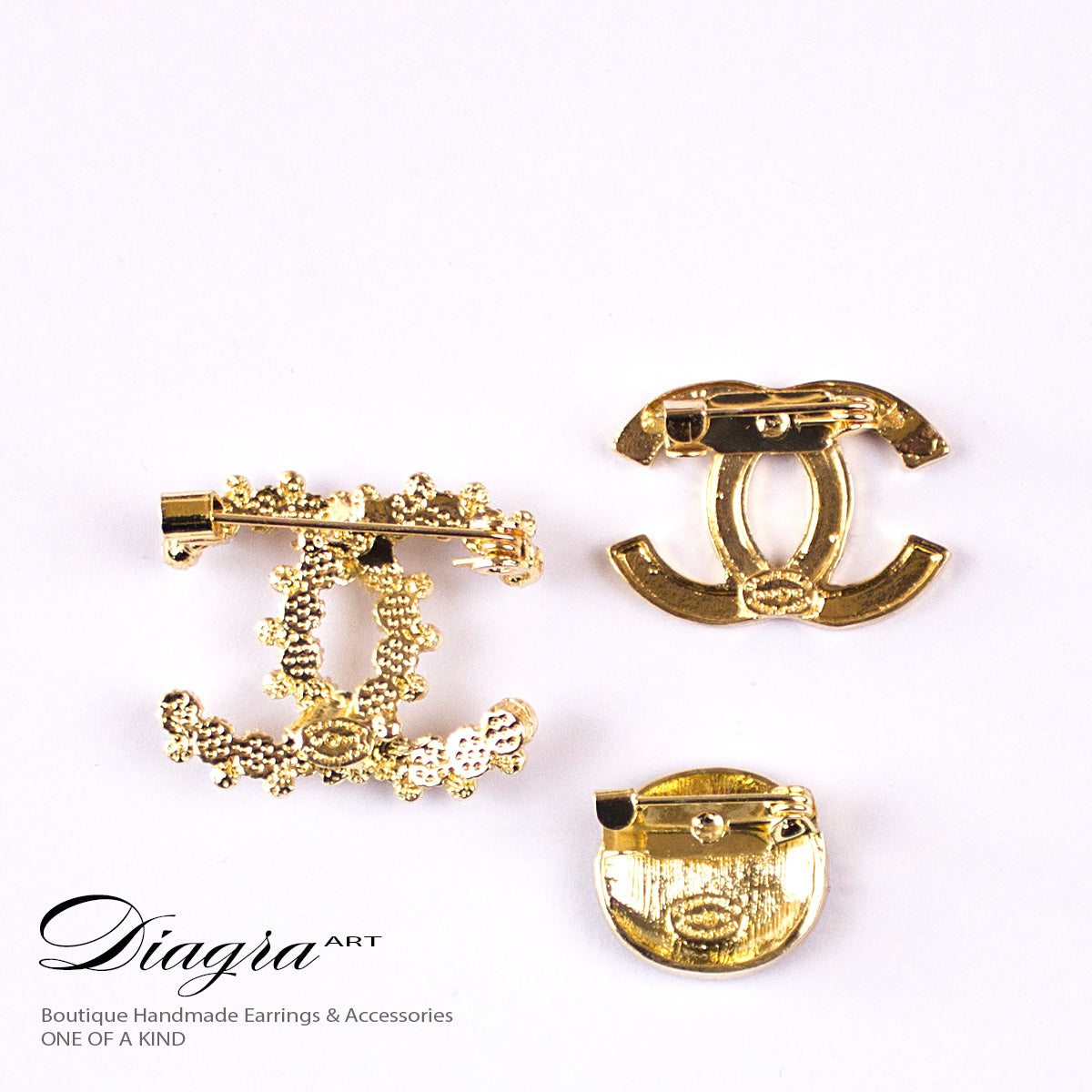 Set of 3 CC chanel brooches black goldtone faux pearl and crystal diagra  art 200242 – Diagra